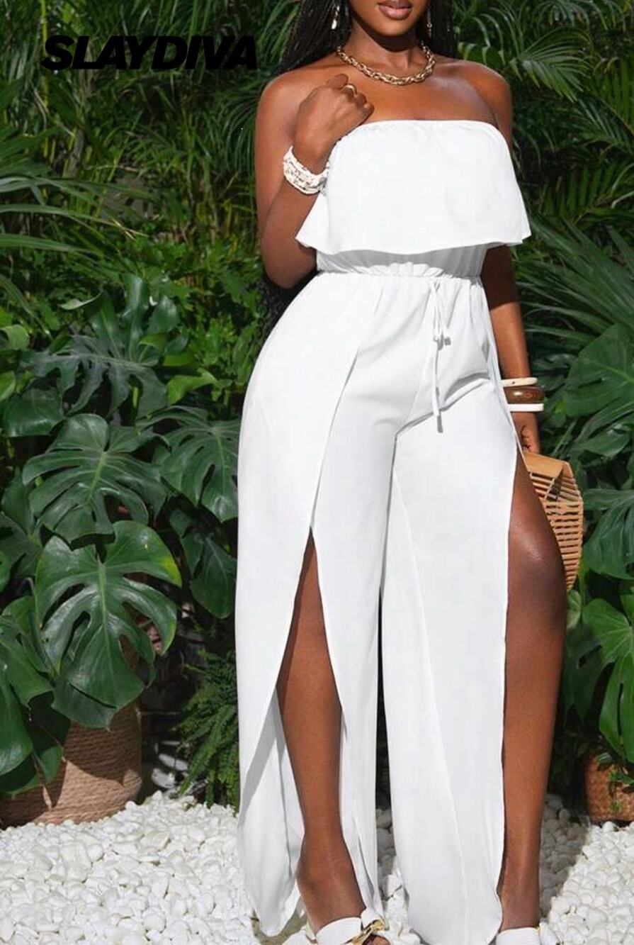 * Slaydiva White Off-The-Shoulder Split Leg Jumpsuit - Size 2X
